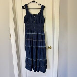 Indigo & Lace Denim Tiered Midi Dress Women’s 1X – Smocked Bodice, Ruffle Straps